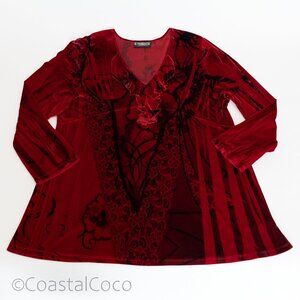 Pyramid Collection Red Velour Velvet Blouse 2X Floral Whimsigoth Romantic Cozy